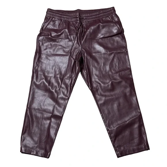 Loft Pull On Slim Pants Faux Leather Burgundy Drawstring Women’s Slacks Size XXL - Picture 6 of 13